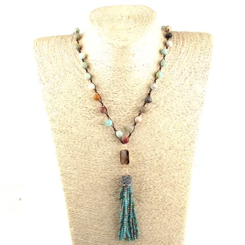 

Fashion Blue Amazonite Stone Weave Bohemian Jewelry Brown Crystal link Blue Crystal Tassel Necklace