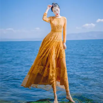 

2018 mesh lace dress female summer slim bodycon temperament ladies beach long midi embroidery women O neck lace dresses trend