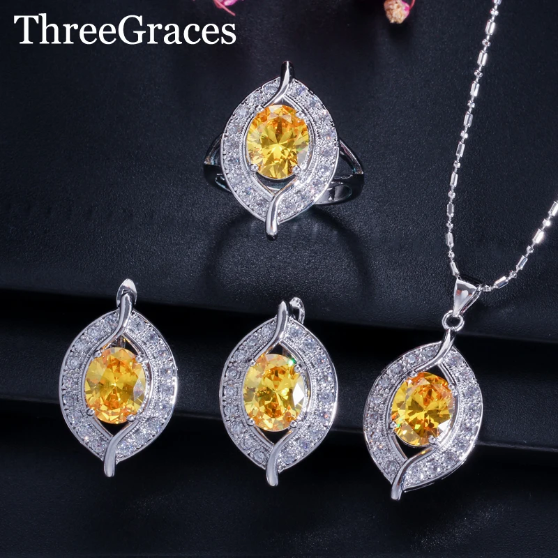 ThreeGraces модные ювелирные изделия из стерлингового серебра 925 пробы, кубический цирконий, кристалл, желтые камни, ожерелье, серьги, кольца, наборы для женщин JS112