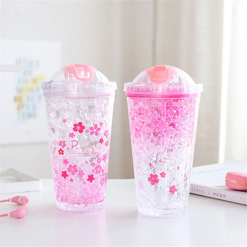 

430ml Summer Cool Plastic Water Bottle Romantic Sakura Chic Hidden Straw Ice Cup Coffee Juice Milk Drink Bottle