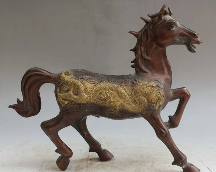 

USPS to USA S2023 12" Old Chinese Bronze Gild success Dragon Phoenix Zodiac Year Horse Run Statue B0401