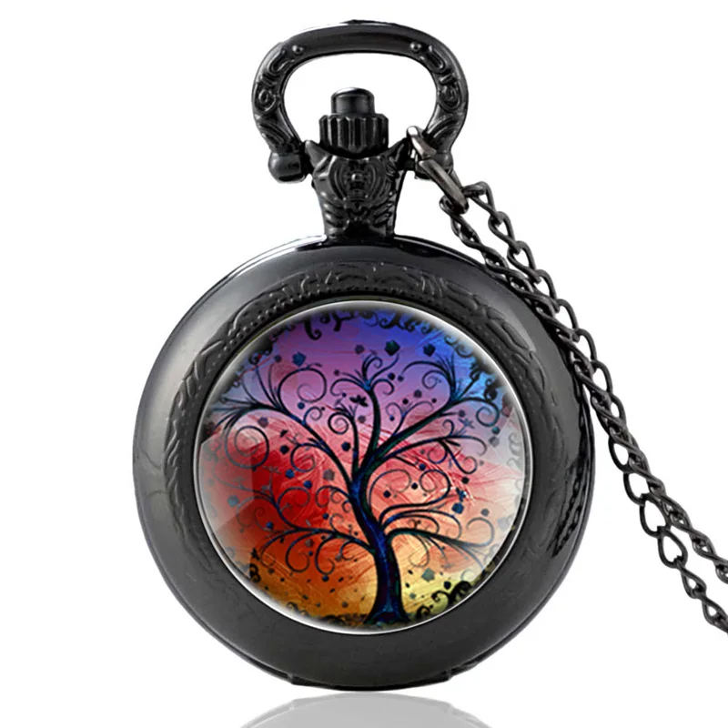Классические карманные часы с цепочкой в тибетском стиле, кабошон, стеклянный кулон древо жизни, винтажные кварцевые часы для мужчин и женщин - Цвет: Black-4