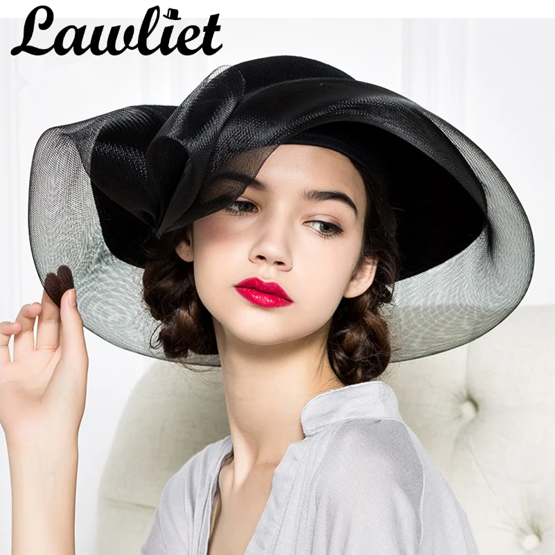 Black Womens 100% Felt Wool Ladies Downton Abbey Vintage Style Wide Brim Hats Church Racing Kentucky Derby Wedding