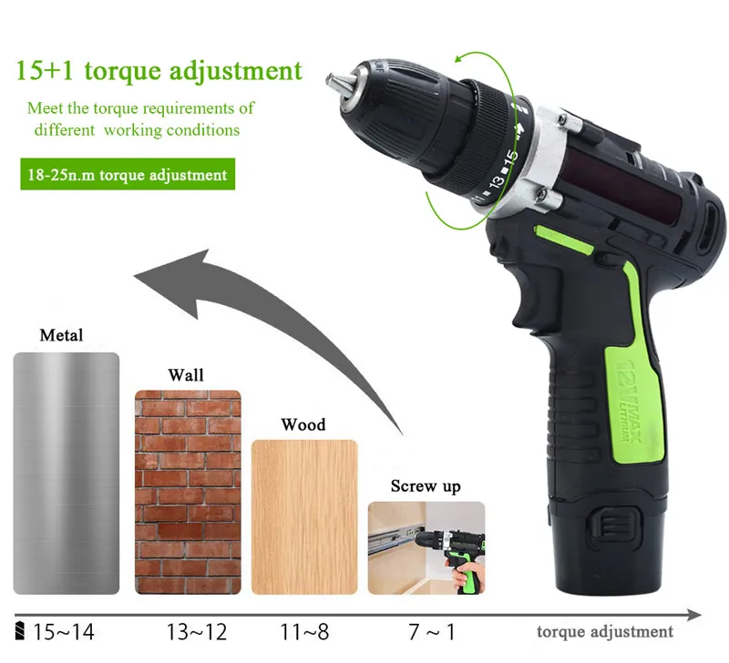 12V Li-Ion Power Tools Electric Dril Kit Rechargeable Electric Screwdriver Double Speed With 9PCS Drill Toolbox Torque Screw Gun (5)