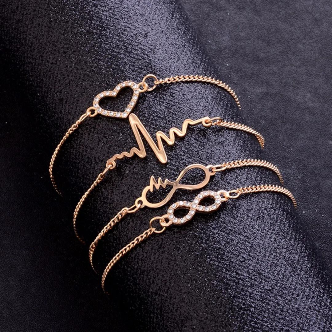 Charming Luxury Crystal Hollow Heart Bracelet Romantic Gold Color Hand Chain Elegant Women's Jewelry Bride Wedding Gifts 4pc/Set