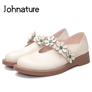 

Johnature 2020 New Spring/Autumn Genuine Leather Round Toe Casual Retro Flower Shallow Med Women Shoes Pumps
