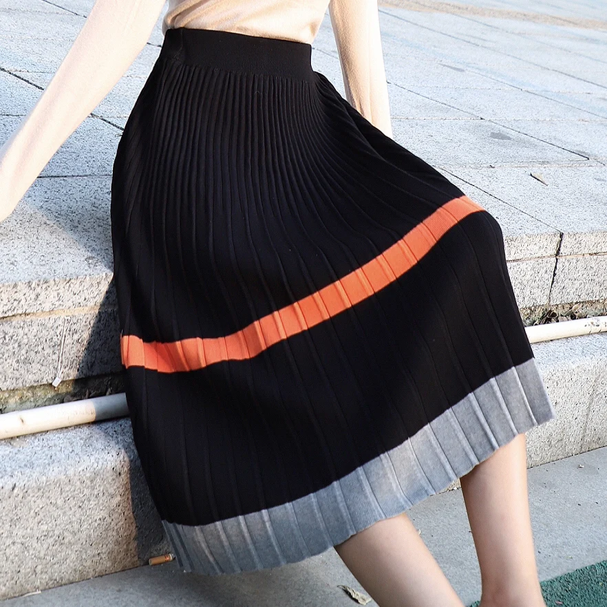 Панелями трикотажные юбки Для женщин Демисезонный элегантный тонкий Высокая талия юбка трапециевидной формы плиссированные юбки все матч нарядные юбки Mw648