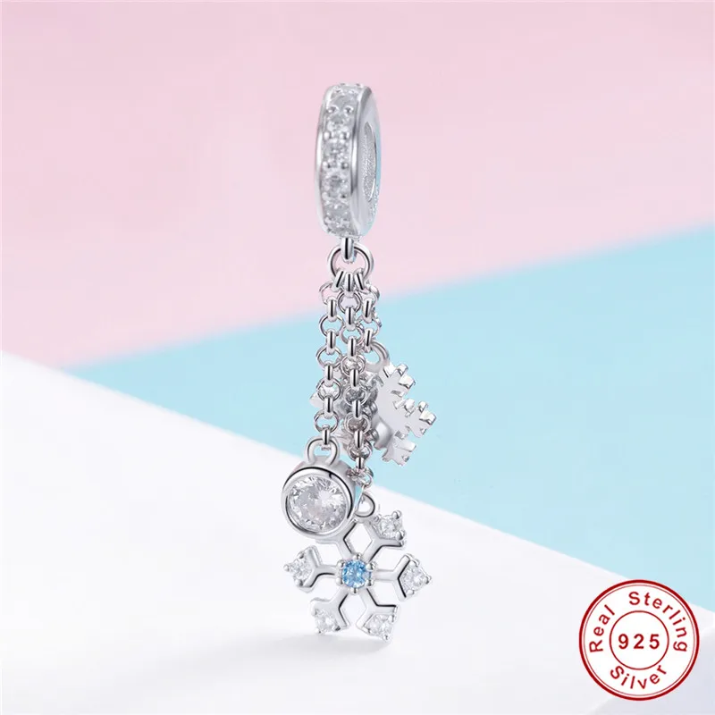 

fit Pandora Bracelet Original 925 Sterling Silver Snowflake CZ Chain Beads Round White&Blue Zircon Flower Pendant Necklace Charm
