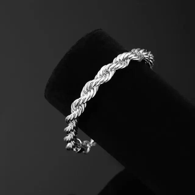 UWIN веревки браслет цвета: золотистый, серебристый 8 дюймов x 5 мм Толстые Мужские витая плетеные цепи хип-хоп браслет - Окраска металла: silver