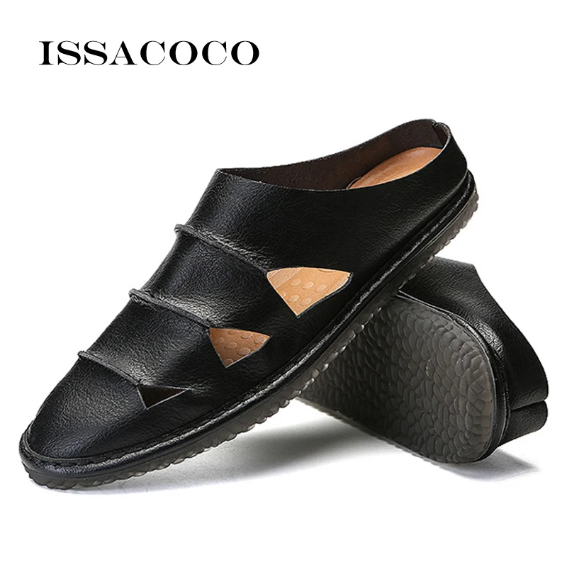 ISSACOCO Summer Men Genuine Leather Slippers Beach Casual Sandals Men Flip Flops Men Shoes Homw Slippers EU Size 39-47 Pantuflas