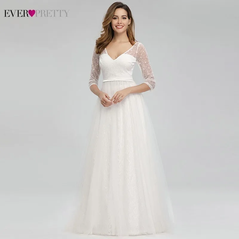 Vestidos De Novia белые кружевные свадебные платья Ever Pretty A-Line с v-образным вырезом на молнии с рукавом 3/4 элегантные свадебные платья Gelinlik