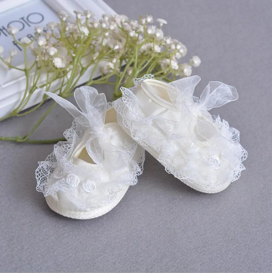 Baby Girls Shoe for Christening Dress Cream Baptism Flowers Laces Shoes