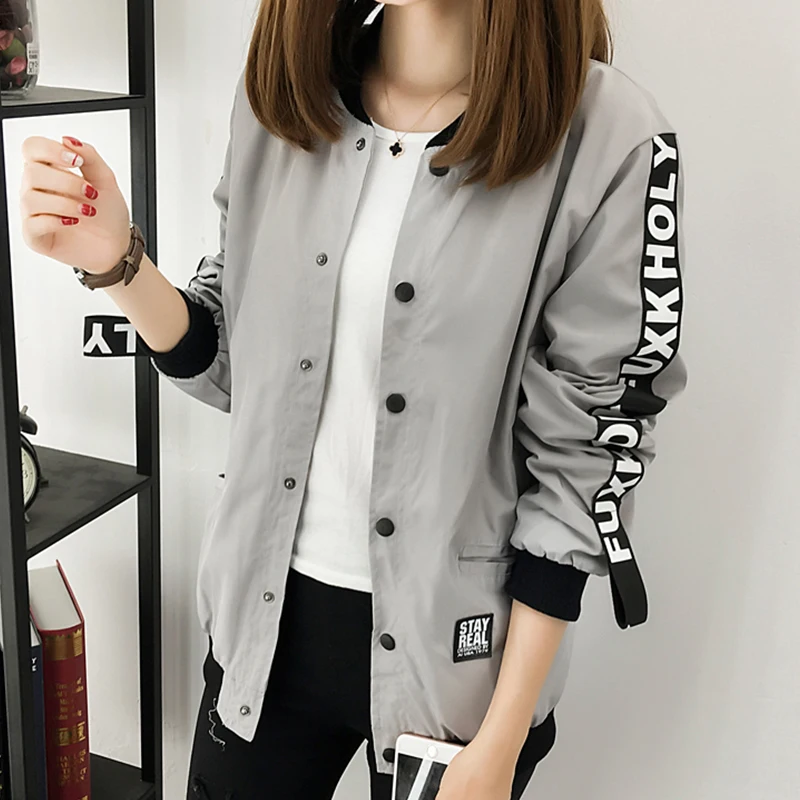 Woemns Jacket Spring Autumn New Women Bomber Jackets Print Casual Coat Female O-Neck Pockets Basic Jackets Korean Style