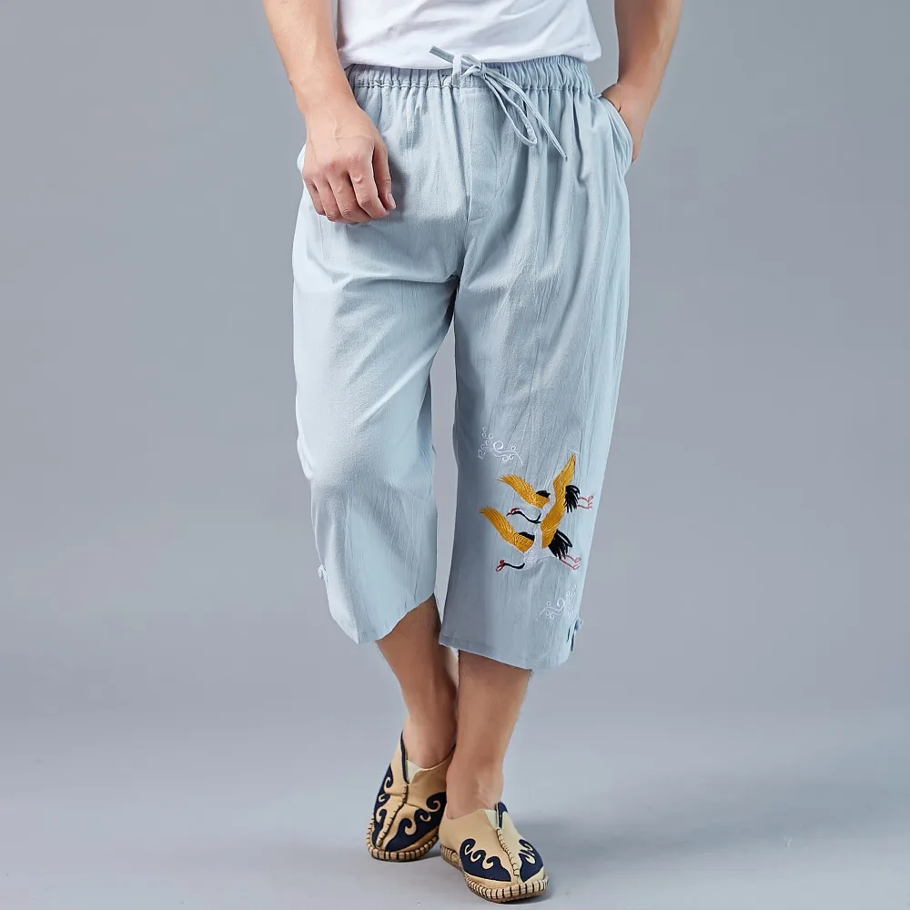 LZJN Men’s Summer 34 Pants Casual Cotton Linen Elastic Waistband Wide Leg Capri Short Bermuda Embroidery Beach Playa Hombre (32)