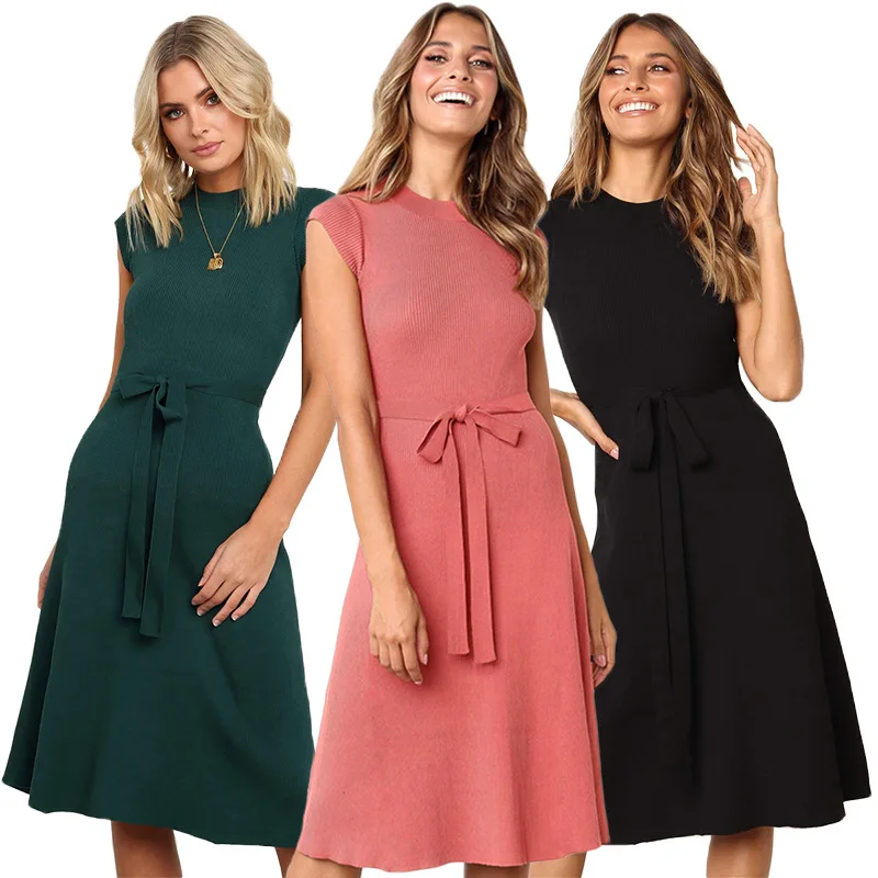 

New Arrival Summer Women O Neck Lace Up Sashes Midi Dress 2019 Women Clothes Solid Casual Slim Pink Black Robe Party Dress Mujer