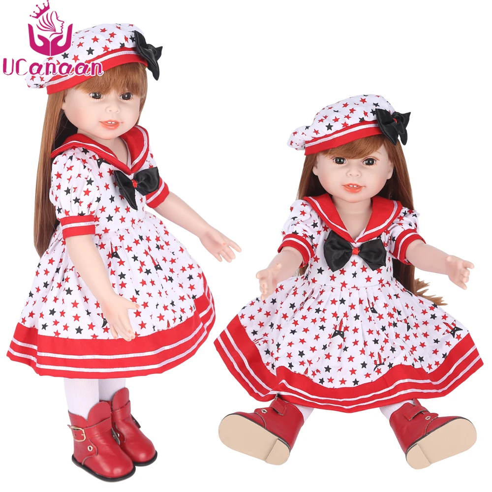 

UCanaan American 18'' 45CM Sweet Girl Doll with Dress and Hat Long Hair Handmade Full Vinyl Silicone Reborn Baby Doll Toys Girls