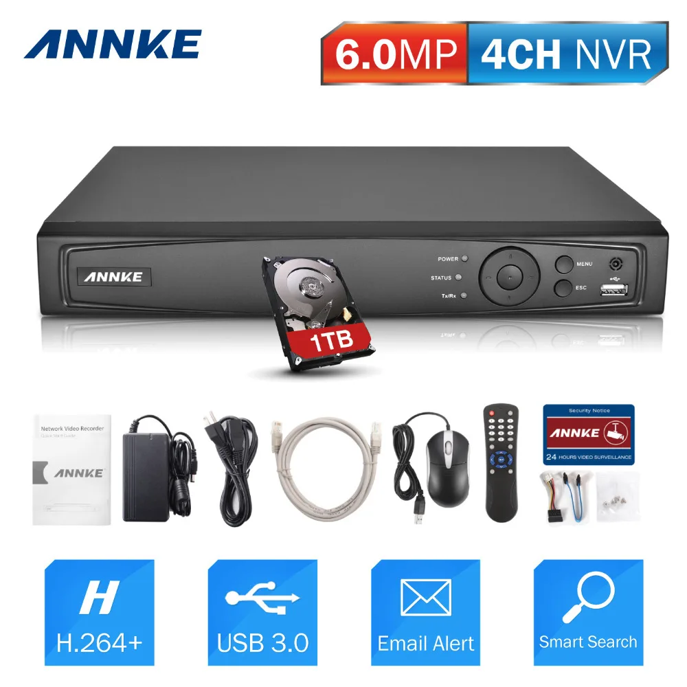 

ANNKE 1080P 4CH NVR Network Video Recorder Supports up to 4 x 1080P( 2MP/3MP/4MP/5MP/6MP) WiFi IP Cameras with 1TB Hard Drive