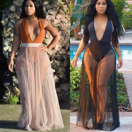 

Women Swimwear Bikini Beach Wear Cover Up Wrap Net Yarn Mesh Pleated Skirt