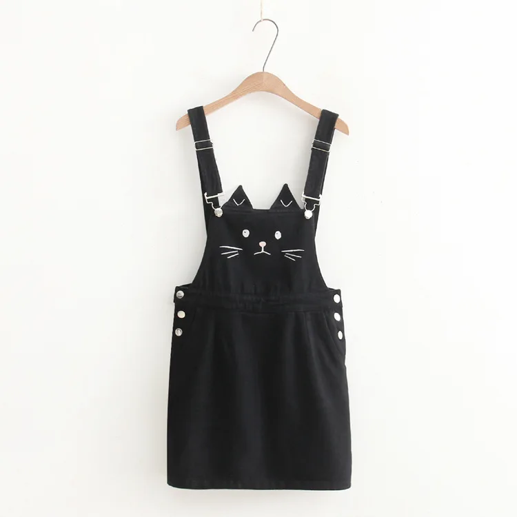 2018 New Summer Women Suspender Dress Harajuku Cute Cat Embroidery Female Overalls Strap Jeans Dresses Sundress Denim Dress