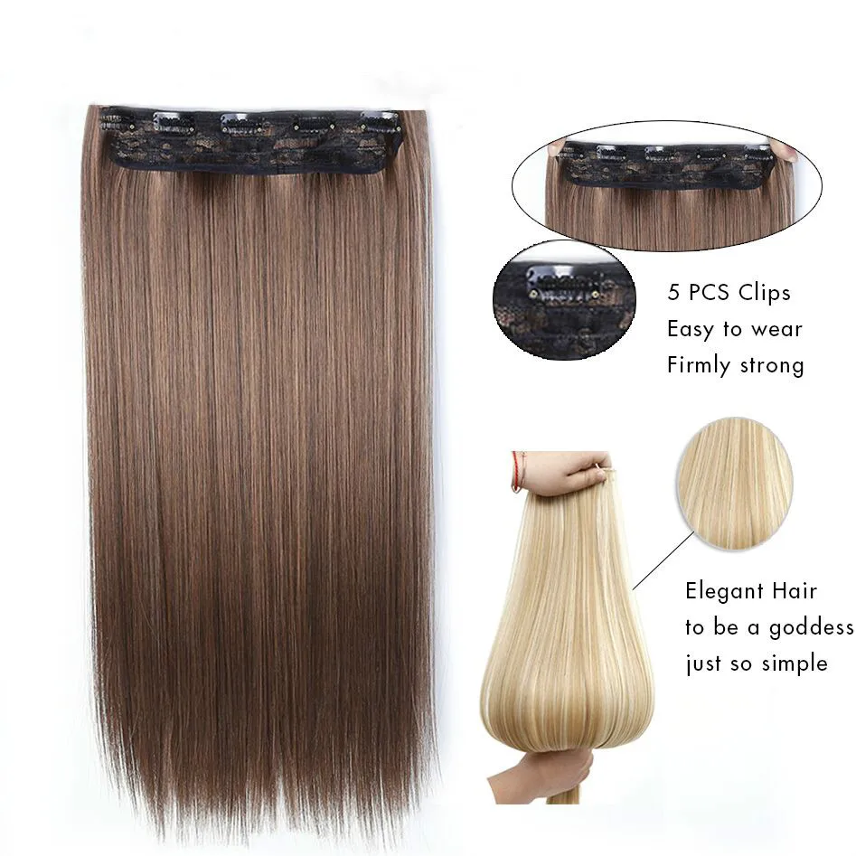 Allaosify 60cm 5 Clip In Hair Extension Heat Resistant Fake Hairpieces Long Straight Hairstyles Synthetic Clip In On Hair