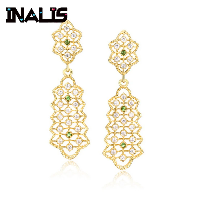 

INALIS Luxurious Drop Earrings 925 Sterling Silver with Gold Plated Micro Paved Clear and Green Tsavorite Brincos Fine Jewelry