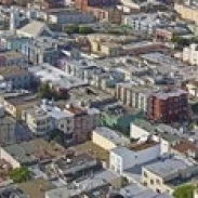 Aerial view of colorful houses near Washington Square and Columbus Avenue San Francisco California USA (18 x 6)