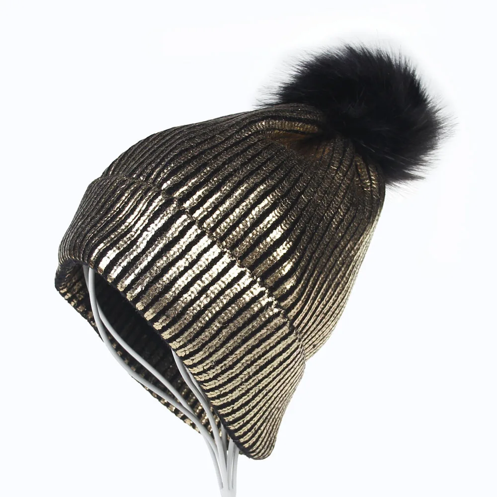Female Shining Warm Skullies Beanies Bronzing Gold and Silver With Caps Raccoon Fur pompon Hat