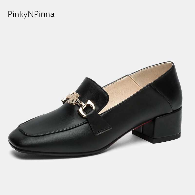 

2019 women black chunky heels pumps square toe slip on metal horsebit buckle two ways wearing office elegant shoes size 34-43