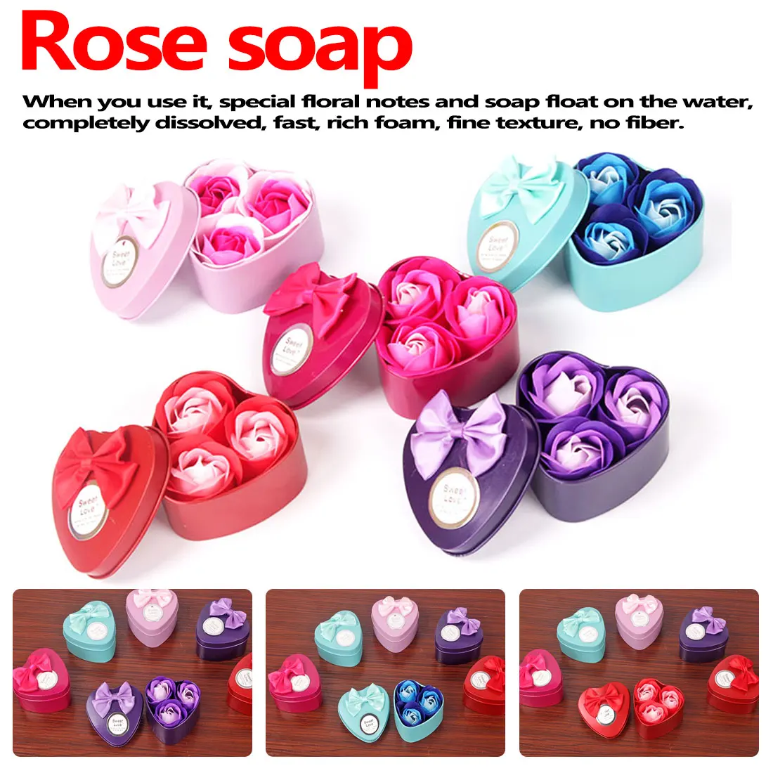 

Small Gift Box 3Pcs Artificial Flower Rose Soap Flower Heart-Shaped Iron Box Scented Bath Body Petal Rose
