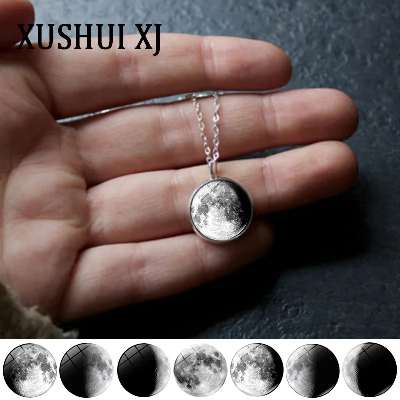 

Fashion Jewelry Gray Moon Necklace 20mm Galaxy Planet Glass Cabochon Pendant Silver Chain Necklace for Women Gifts