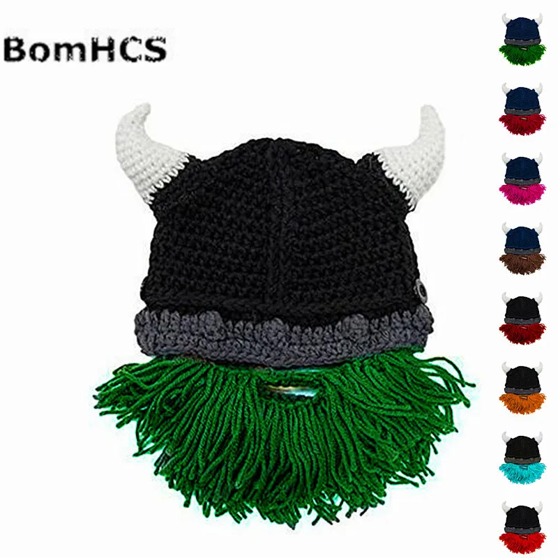 Bomhcs Funny Cool Horns Beanie + Beard Gift Vikings Helmet Hats