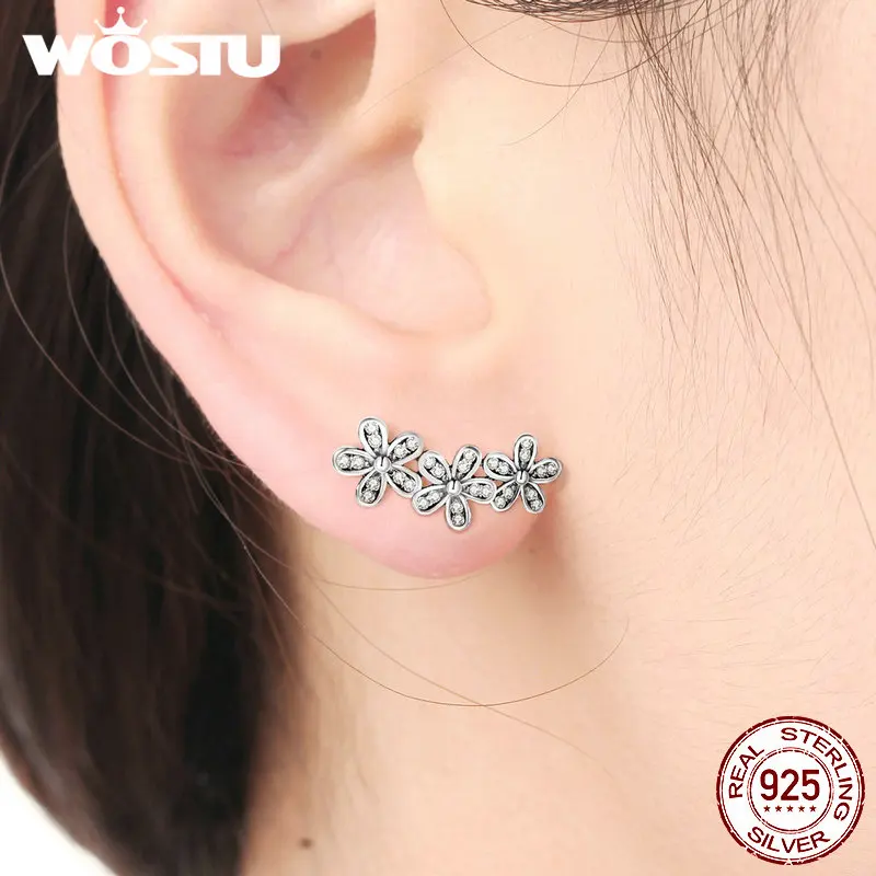 Wostu Dazzling Daisies S925 Sterling Silver Ear Stud Clip Cuff Earrings With CZ 