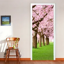 3D наклейки на дверь Сакура, клейкая виниловая настенная бумага для гостиной, спальни, вишневых цветов, Настенная бумага DIY водостойкие Переводные картинки