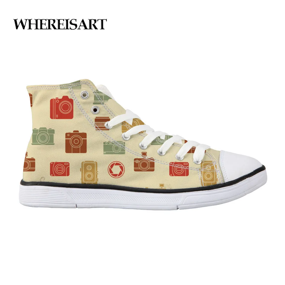 

WHEREISART Women Canvas Shoes Camera Design Female High Top Vulcanized Shoes Custom Spring Girls Lace up Shoes Femme Zapatos
