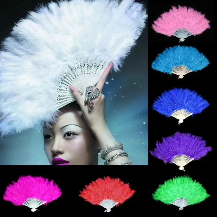 Elegant White Folding Feather Dance Fans Hand Fan Women Fancy Costumes
