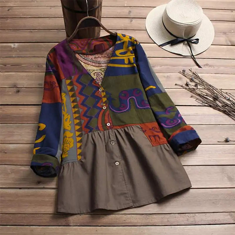 

2019 Women Vintage Printed Blouse V Neck Long Sleeve Buttons Patchwork Top Spring Casual Shirt Robe Work Cotton Linen Blusas