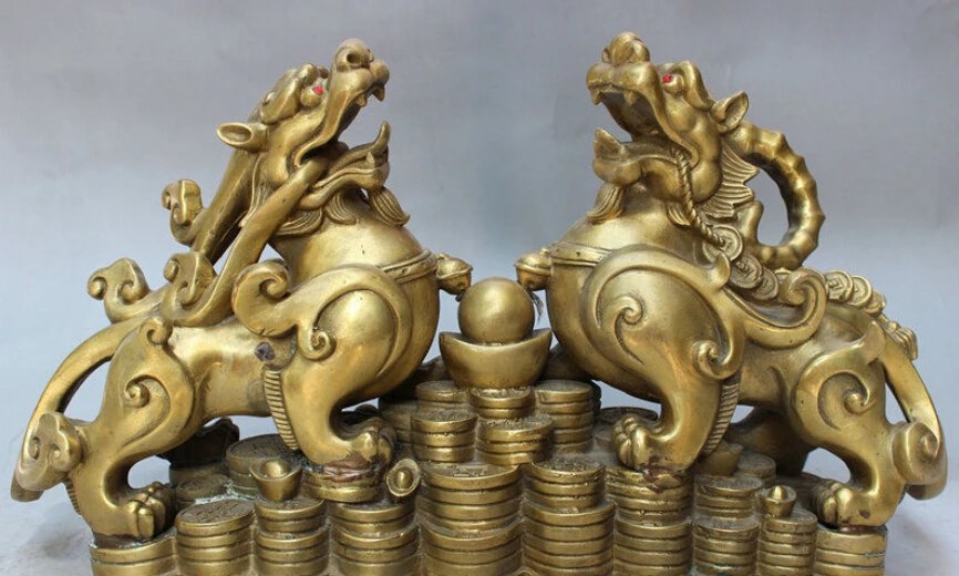

16" Chinese Brass Buddhist 2 Unicorn PiXiu Kylin On Wealth YuBao Coin Statue
