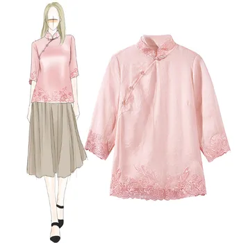 

Women Pink Long Sleeve Shirt Elegant Lace Mandarin Collar Tang Top Clothing High Quality Female Silk Comfortable Clothes