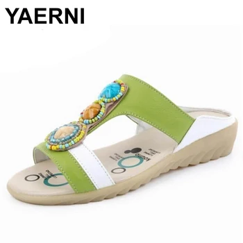 

YAERNI Women Slipper Sandals Geunine Leather Peep toe Crystal Elegant Female Sandals Ladies Mules clogs Summer Shoes Big Size