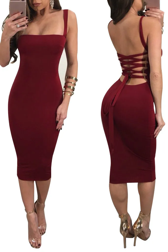 

Women Bodycon Dress Sexy Solid with Drawstring Spaghetti Strap Backless Tight Package Hip Night Club Wear Sheath Elastic Robes