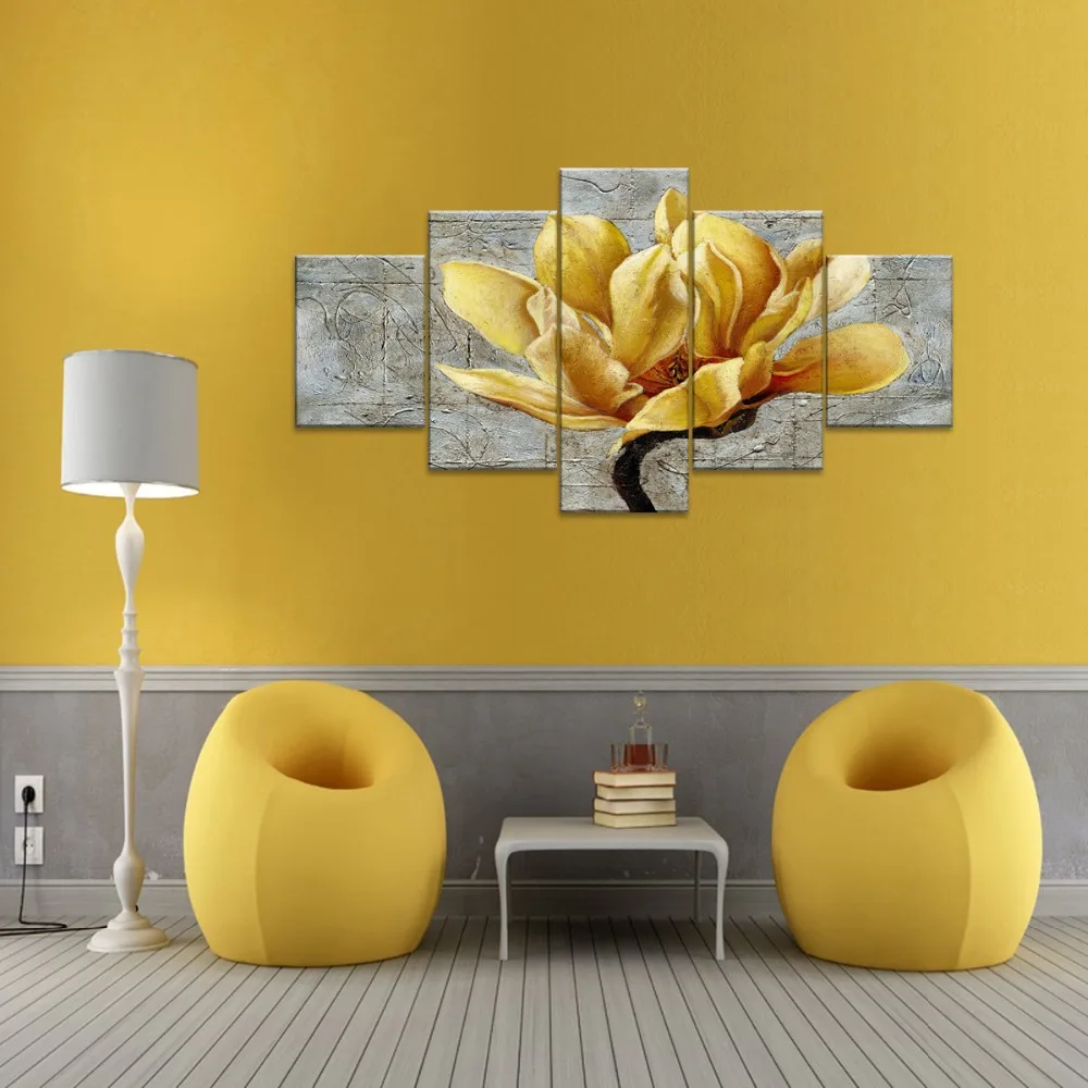 Yellow Grey Flower Wall Art Abstract Oil Print On Canvas Home Pictures