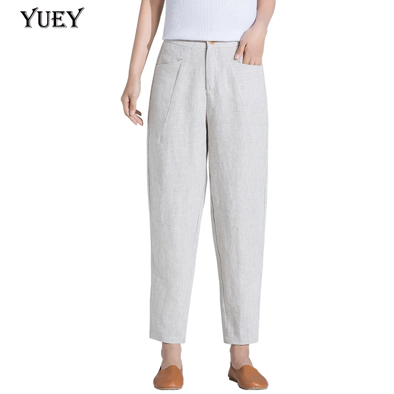 

High waist elastic band natural leisure women's linen pants breathable ankle length harem pants big yards summer thin trousers
