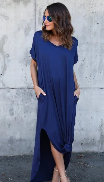 Сексуальное женское платье размера плюс 5XL Лето однотонное Повседневное платье макси с коротким рукавом для женщин длинное платье женские платья - Цвет: 2 Royal Blue