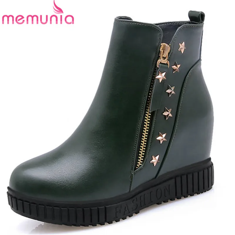

MEMUNIA 2020 hot sale ankle boots women round toe autumn winter boots zipper rivet wedges platform shoes woman fashion boots