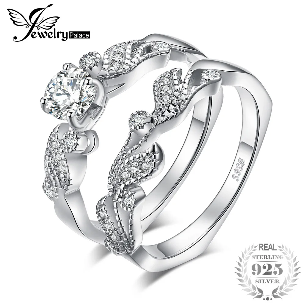 

JewelryPalace Vintage Milgrain Leaf 0.8ct Cubic Zirconia Solitaire Engagement Ring Bridel Sets 925 Sterling Silver For Women