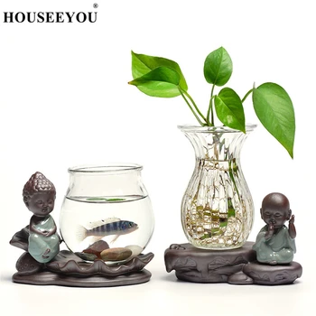 

Zen Buddha Monk Style Flowerpot with Transparent Glass Vase As Hydroponic Green Plants Pot Bonsai or Fish Tank Micro Landscape