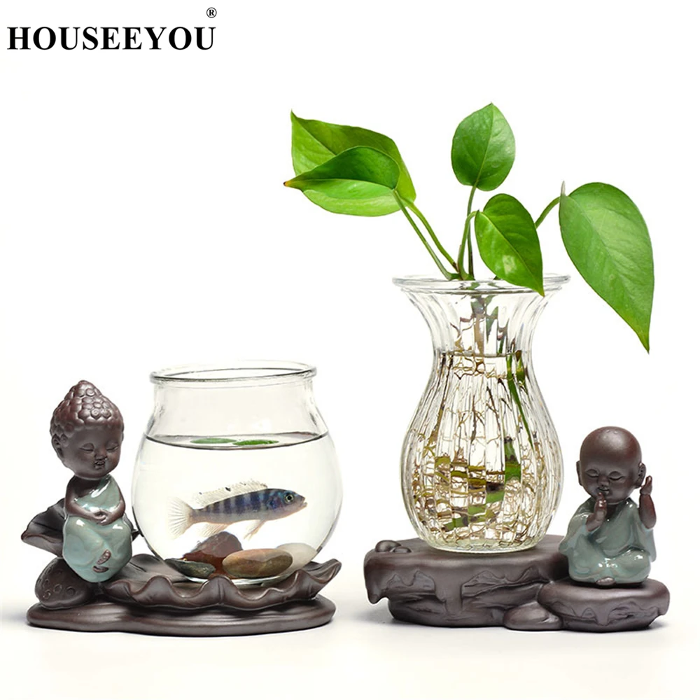 Цветочный горшок Zen Buddha Monk Style с прозрачной стеклянной вазой для гидропонных