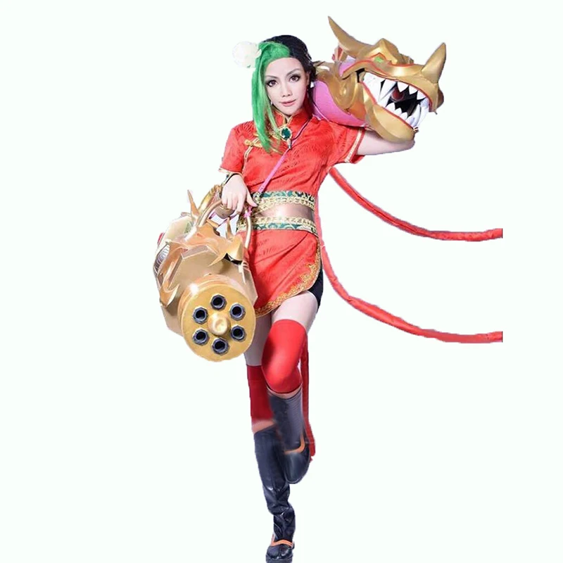 

LOL The Loose Cannon Firecracker Jinx Cosplay Costume with hand covers and socks Anime Red Custom Made Cheongsam