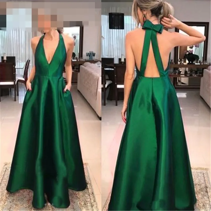 

2019 Emerald Green Evening Dresses Satin Sexy Backless V Neck A Line Elegant Evening Gowns with Pocket Fashion bestidos largos