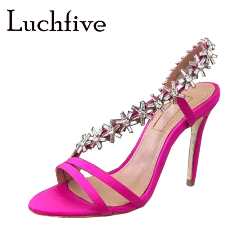 

Flora Crystal Thin High Heels Women Sandals Open Toe Silk Runaway Party Shoes Woman Silver Sexy Slip On Jewel Gladiator Stiletto